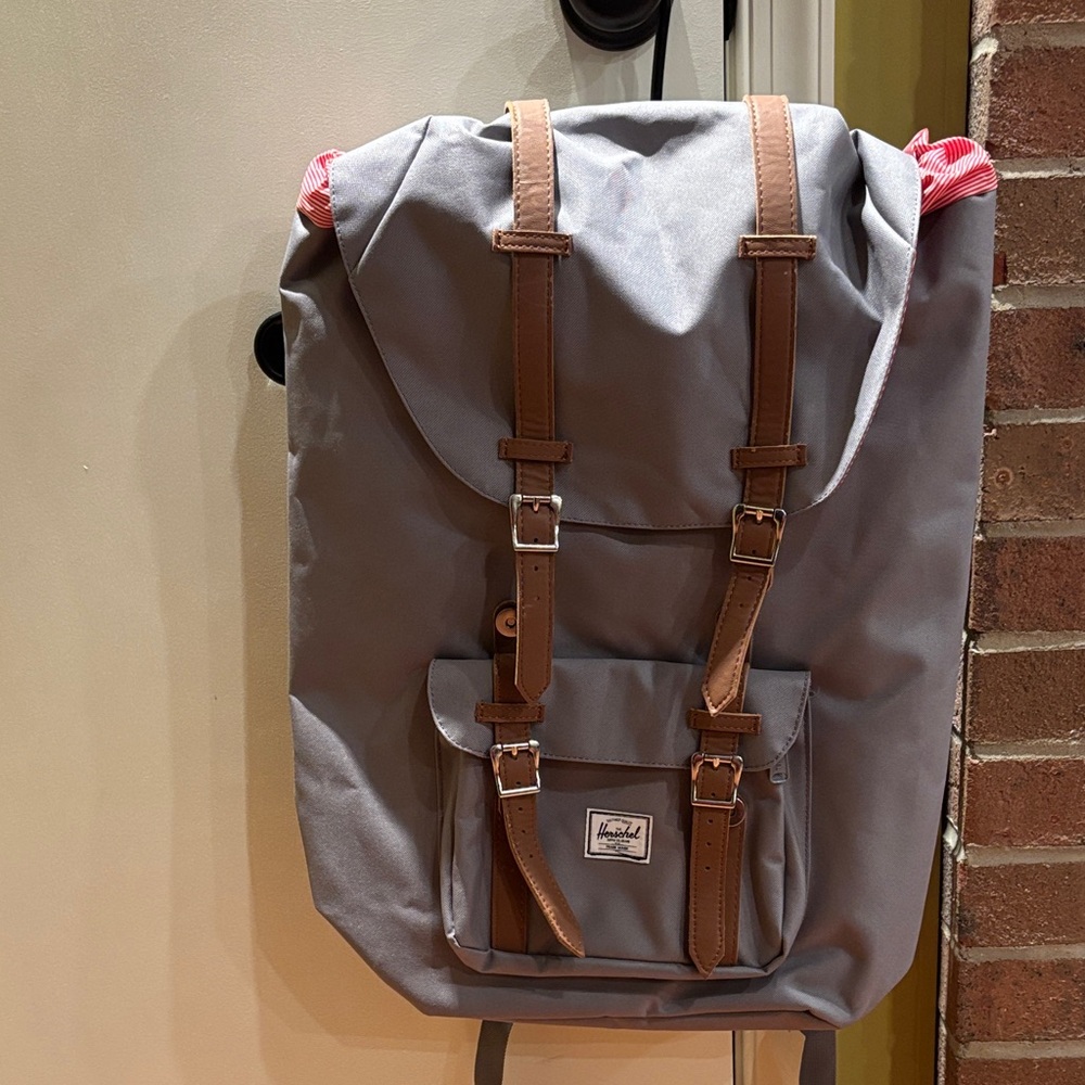 Herschel Gray Fabric Backpack with Brown Leather Accent